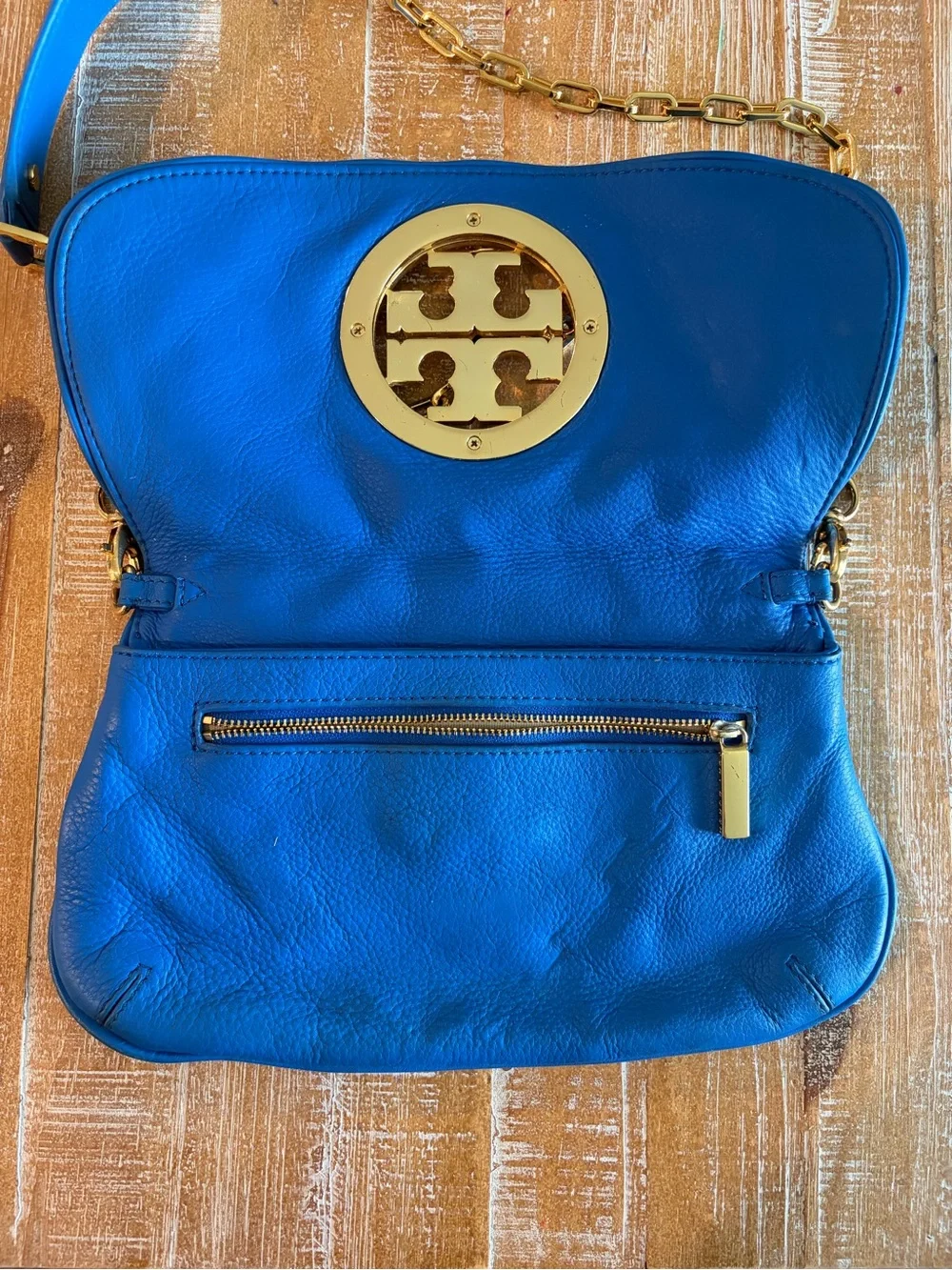 Tory Burch Amanda Foldover Messenger Bag Blue Leather Gold Chain Crossbody